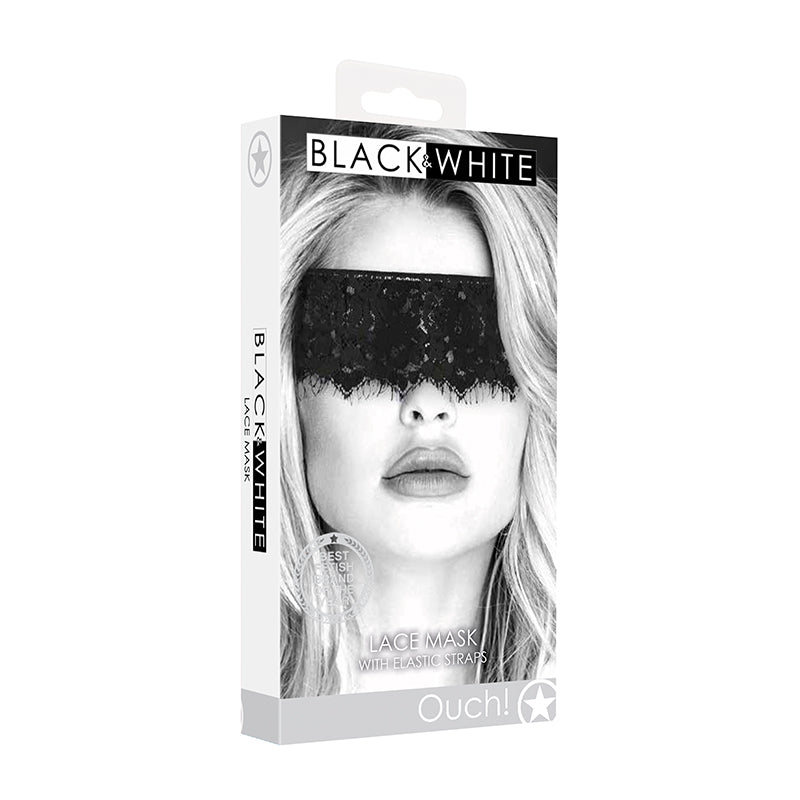Ouch! Black &amp; White Lace Mask With Elastic Straps Blindfold Black