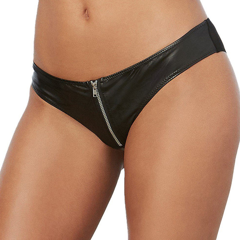 Dreamgirl Faux-Leather, Stretch-Knit Cheeky Panty with Zipper Front and Stretch Mesh Back Black S Hanging