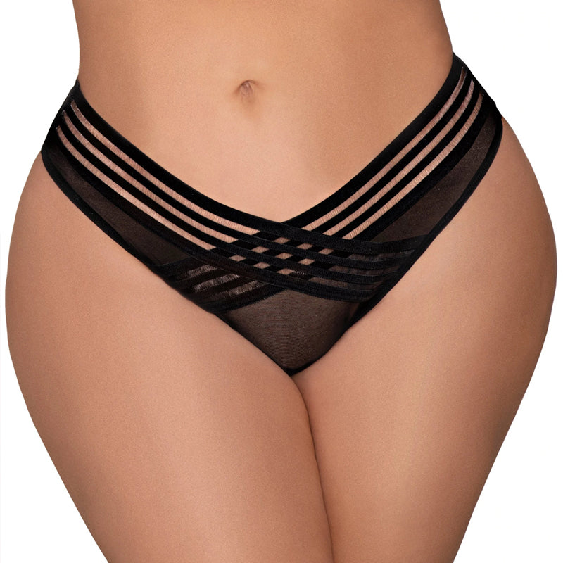 Dreamgirl Mesh Thong with Shadow Stripe Elastic Front Detail Black 1X Hanging