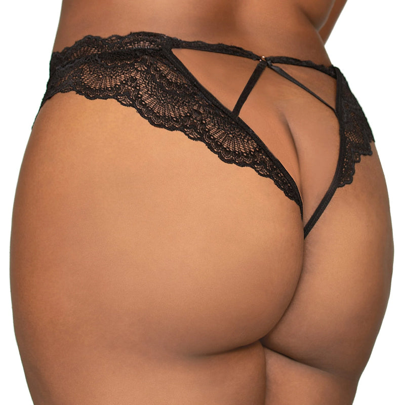 Dreamgirl Lace Tanga Open-Crotch Panty and Elastic Open Back Detail Black 3X Hanging