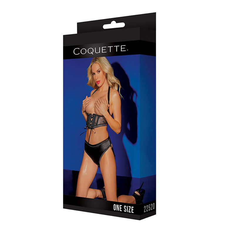 Black Label Harness and Panty with Front and Back Lace-Up Details Black/Rose Gold OS