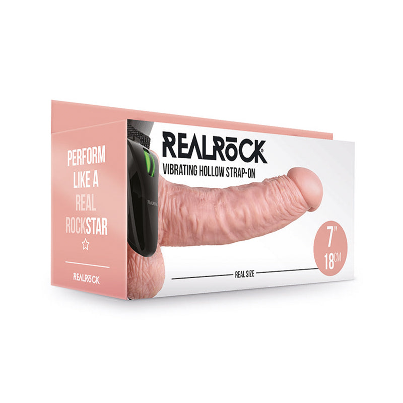 RealRock Realistic 7 in. Vibrating Hollow Strap-On With Balls Beige
