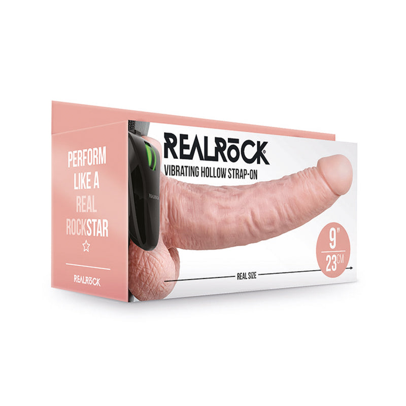 RealRock Realistic 9 in. Vibrating Hollow Strap-On With Balls Beige