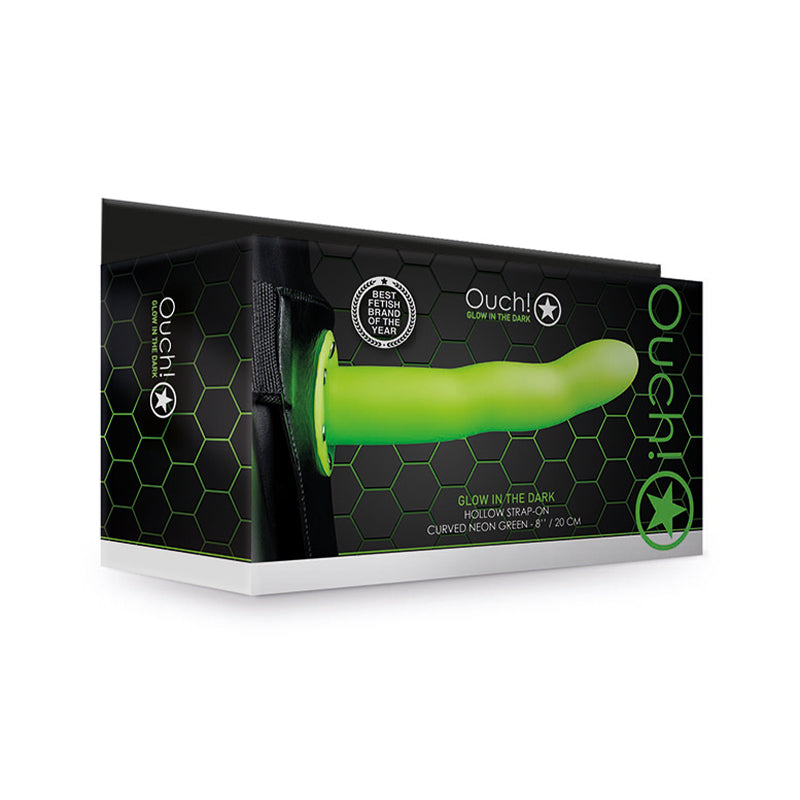 Ouch! Glow in the Dark Curved 8 in. Hollow Strap-On Neon Green