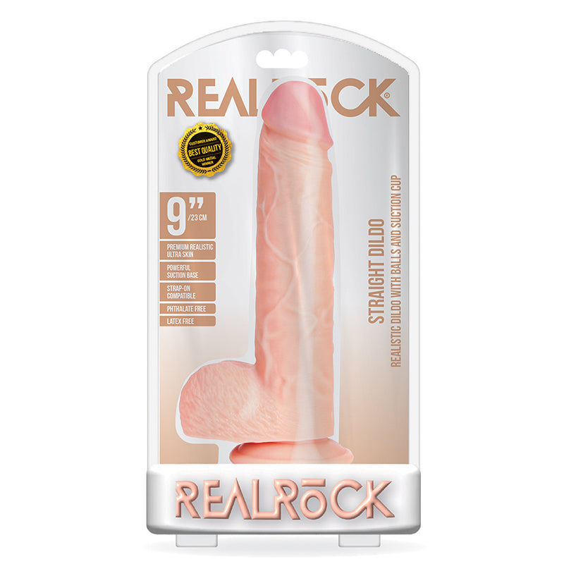 RealRock Realistic 9 in. Straight Dildo With Balls and Suction Cup Beige