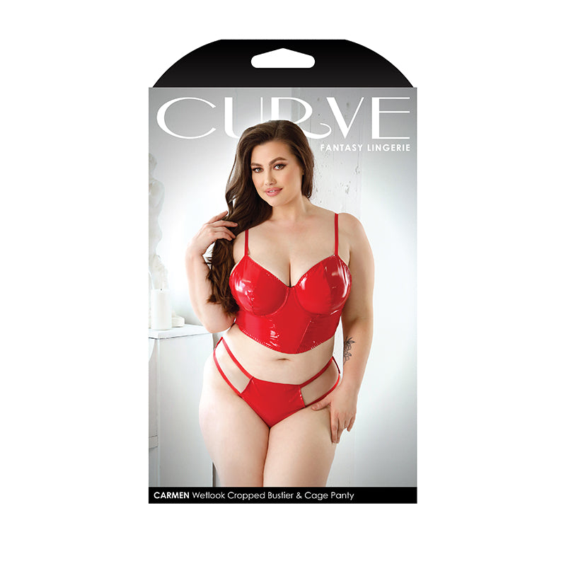 Fantasy Lingerie Curve Carmen Wetlook Cropped Bustier & Matching Cage Panty Red XL/2XL