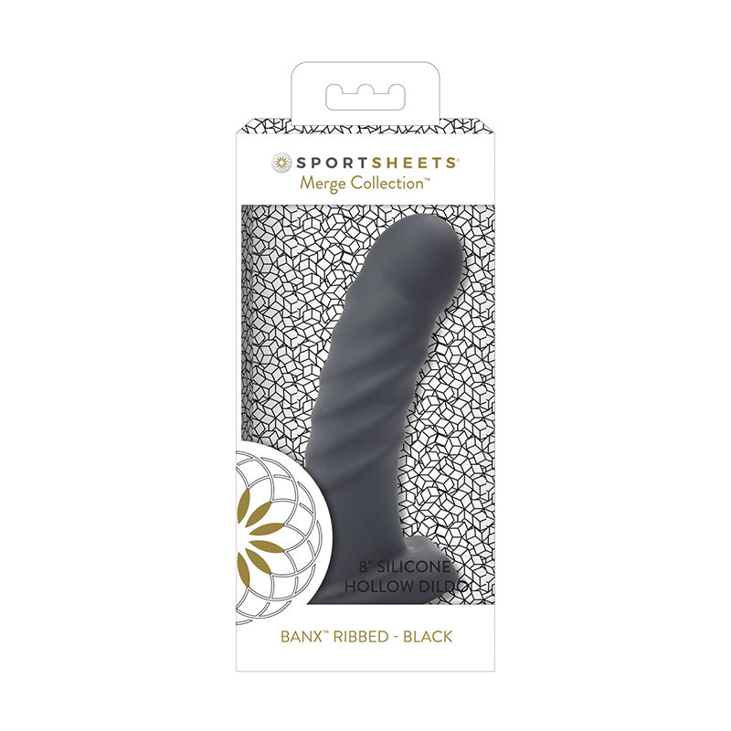 Sportsheets Merge Collection Banx Ribbed 8 in. Silicone Hollow Dildo Black