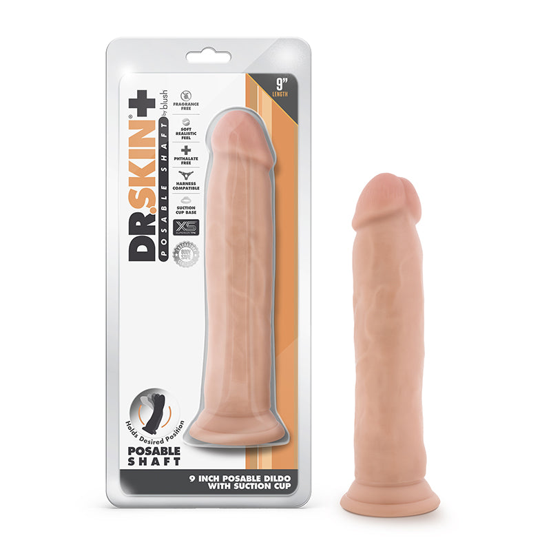 Blush Dr. Skin Plus Thick 9 in. Triple Density Posable Dildo with Suction Cup Beige