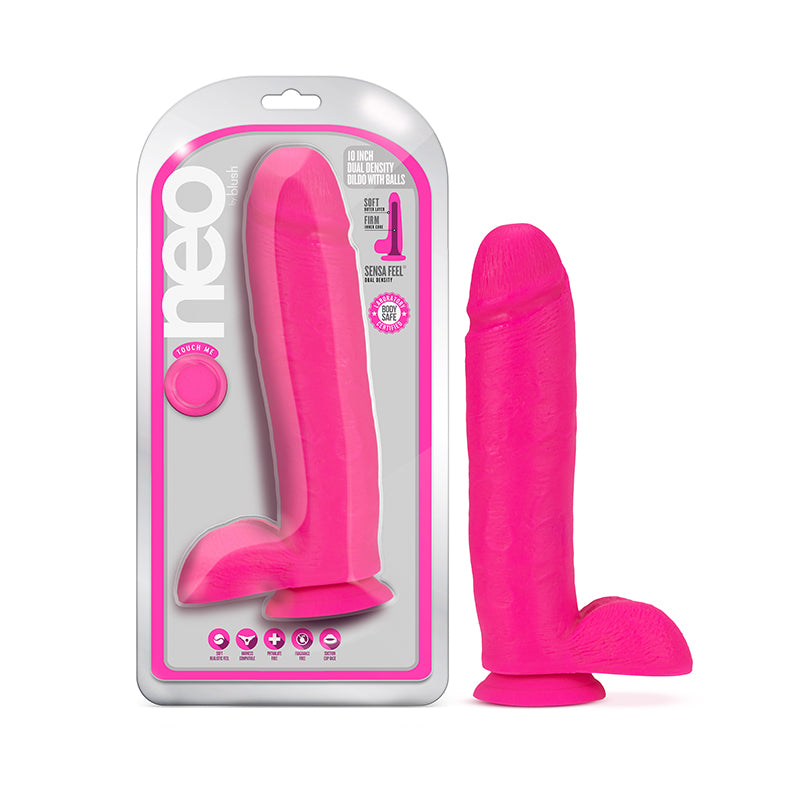 Blush Neo 10 in. Dual Density Dildo with Balls & Suction Cup Neon Pink