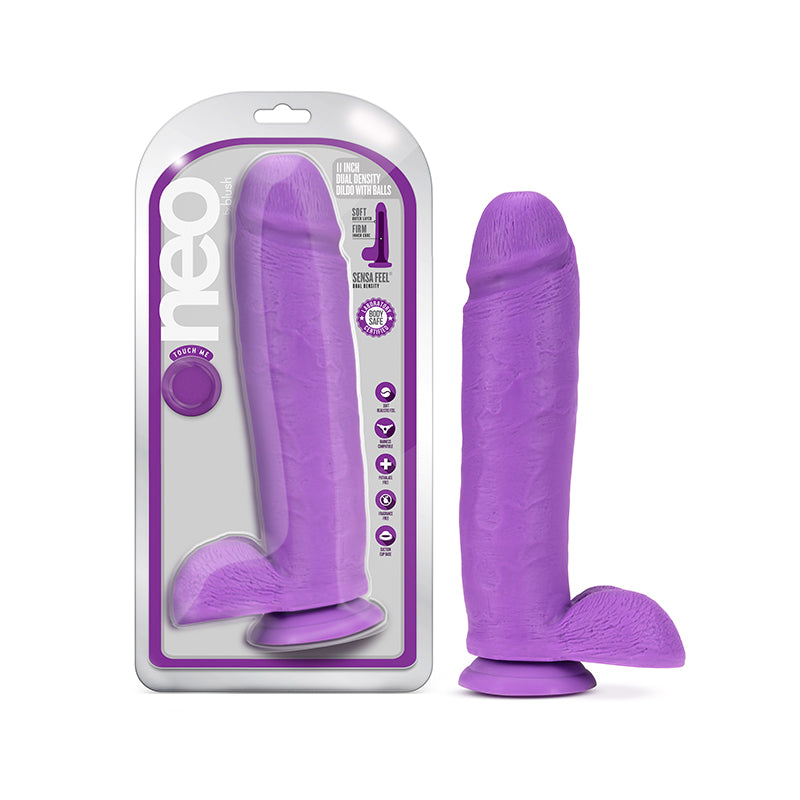Blush Neo 11 in. Dual Density Dildo with Balls &amp; Suction Cup Neon Purple