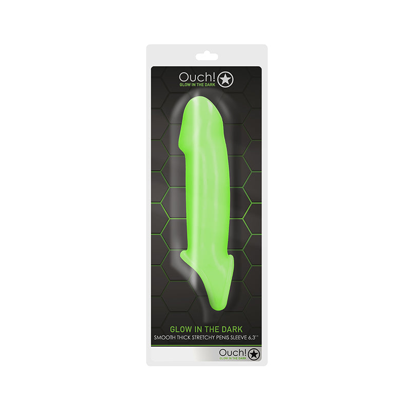 Ouch! Glow in the Dark Smooth Thick Stretchy 6.3 in. Penis Sleeve with Foreskin Details Neon Green