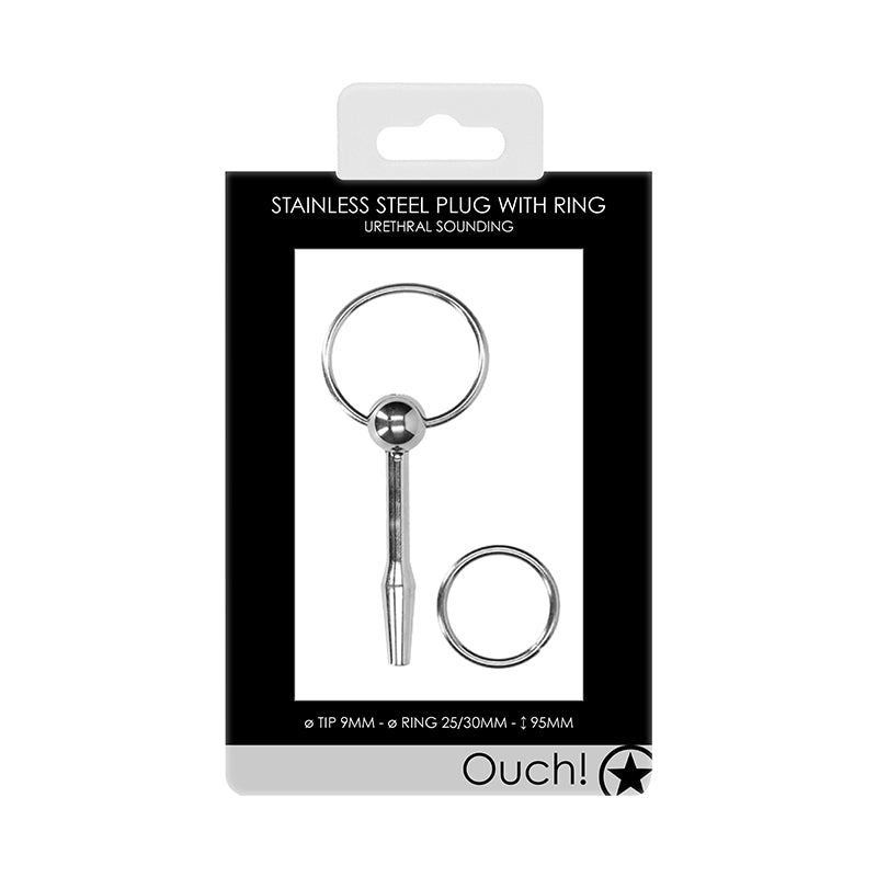 Ouch! Urethral Sounding Stainless Steel Plug With Ring 9 mm