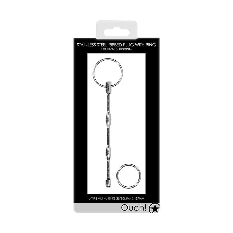 Ouch! Urethral Sounding Stainless Steel Ribbed Plug With Ring 8 mm