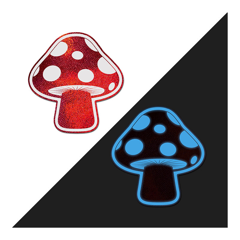 Pastease Mushroom: Shiny Red &amp; White Glow-in-the-Dark Shroom Nipple Pasties