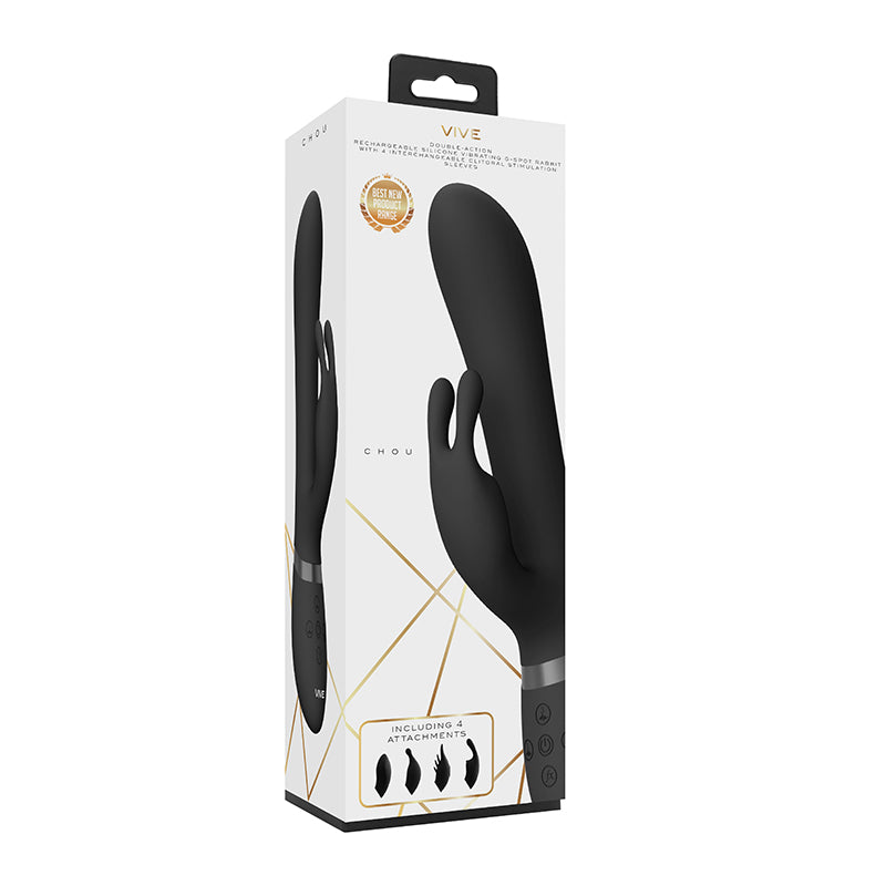 VIVE CHOU Rechargeable Silicone Rabbit Vibrator With Interchangeable Clitoral Sleeves Black
