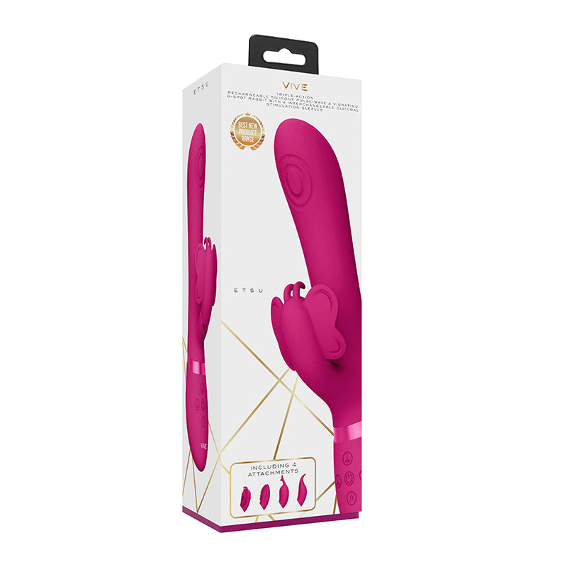 VIVE ETSU Rechargeable Pulse-Wave Silicone Rabbit Vibrator With Interchangeable Clitoral Sleeves Pink