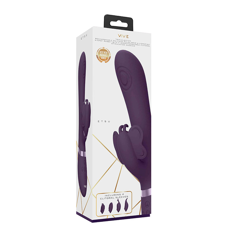 VIVE ETSU Rechargeable Pulse-Wave Silicone Rabbit Vibrator With Interchangeable Clitoral Sleeves Purple