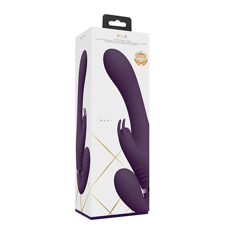 VIVE SUKI Rechargeable Triple Motor Pulse-Wave Vibrating Silicone Strapless Strap-On Purple