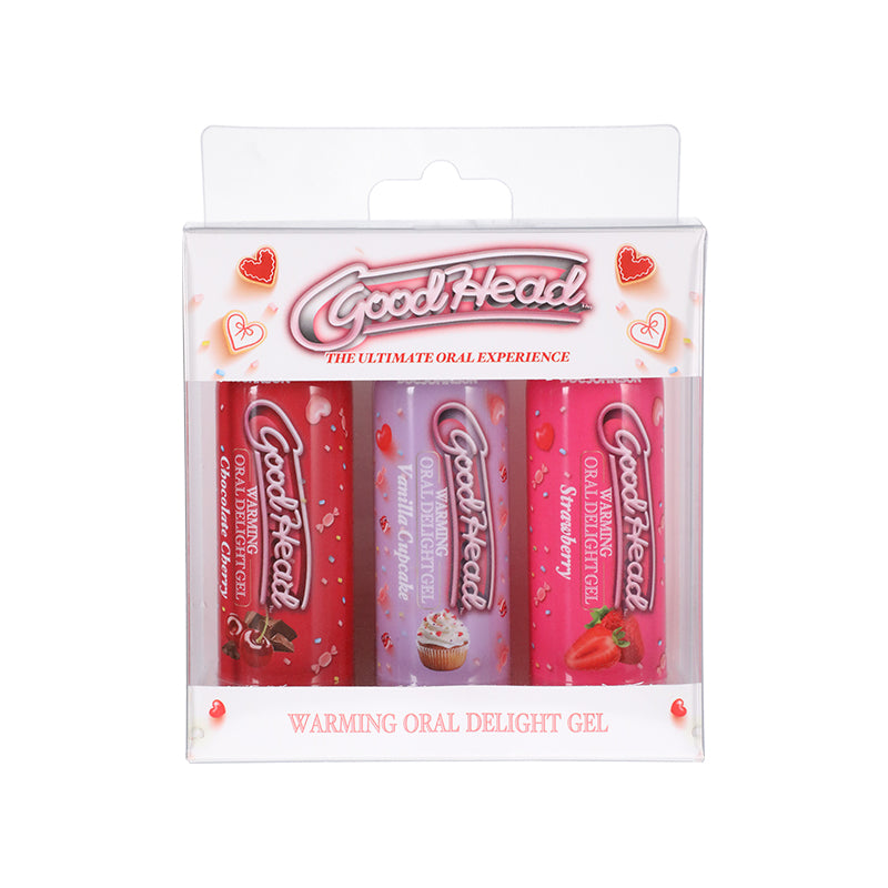 GoodHead Warming Oral Delight Gel Strawberry, Vanilla Cupcake, Chocolate Cherry 3-pack 2 oz.