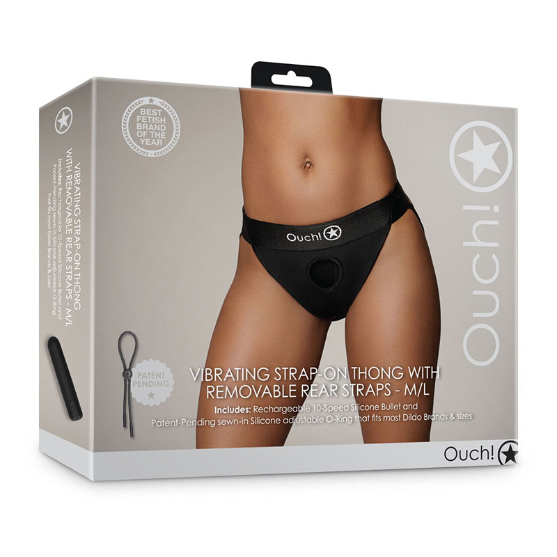 Shots Ouch! Vibrating Strap-on Thong with Removable Rear Straps Black M/L