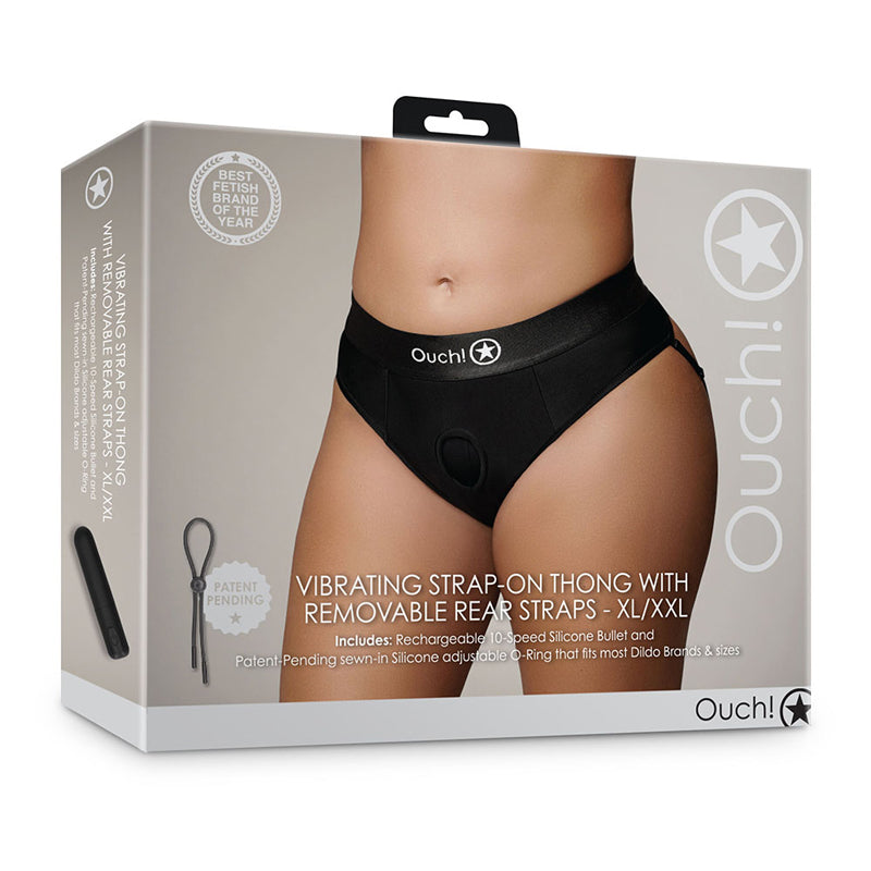 Shots Ouch! Vibrating Strap-on Thong with Removable Rear Straps Black XL/2XL