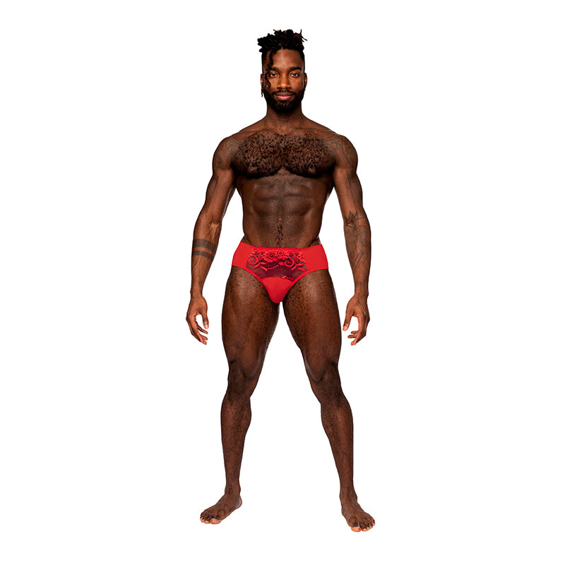 Male Power Sassy Lace Bikini Solid Pouch Red M