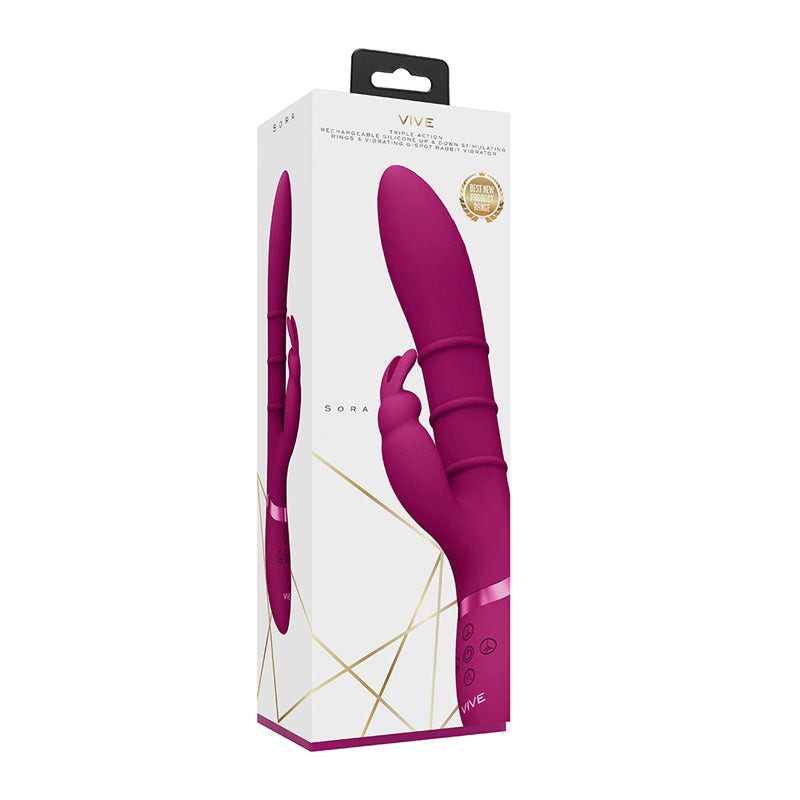 VIVE SORA Rechargeable Silicone G-Spot Rabbit Vibrator with Up & Down Stimulating Rings Pink