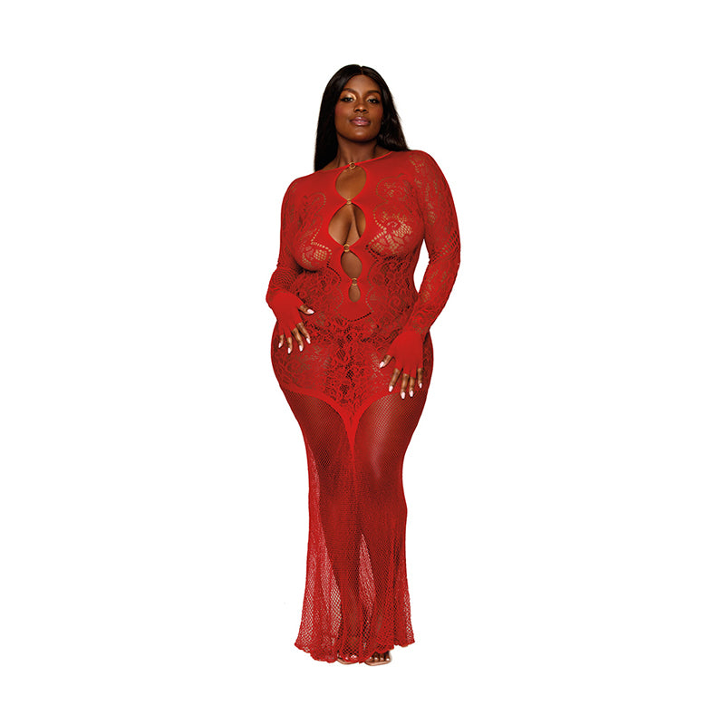 Dreamgirl Floral Lace Pattern Bodystocking Gown Ruby Queen Size