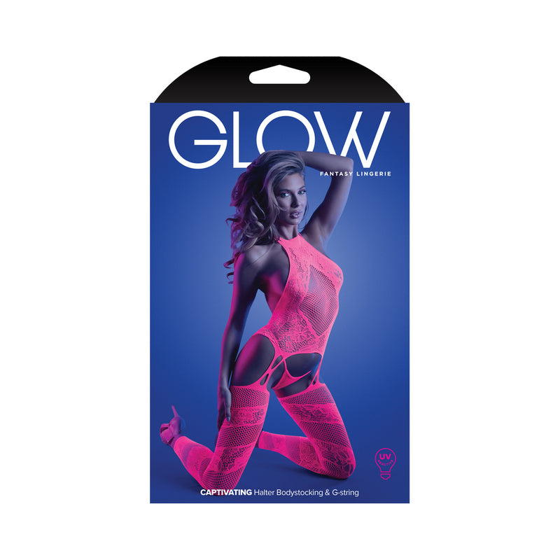 Fantasy Lingerie Glow Captivating High Neck Halter Bodystocking &amp; G-String Set Neon Pink O/S