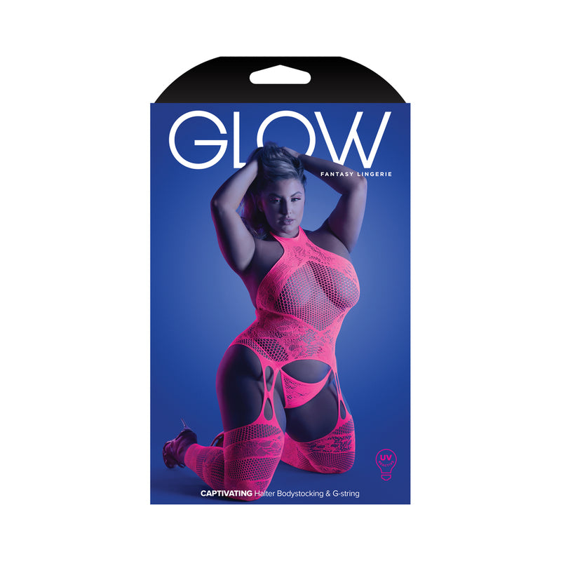 Fantasy Lingerie Glow Captivating High Neck Halter Bodystocking &amp; G-String Set Neon Pink Queen Size