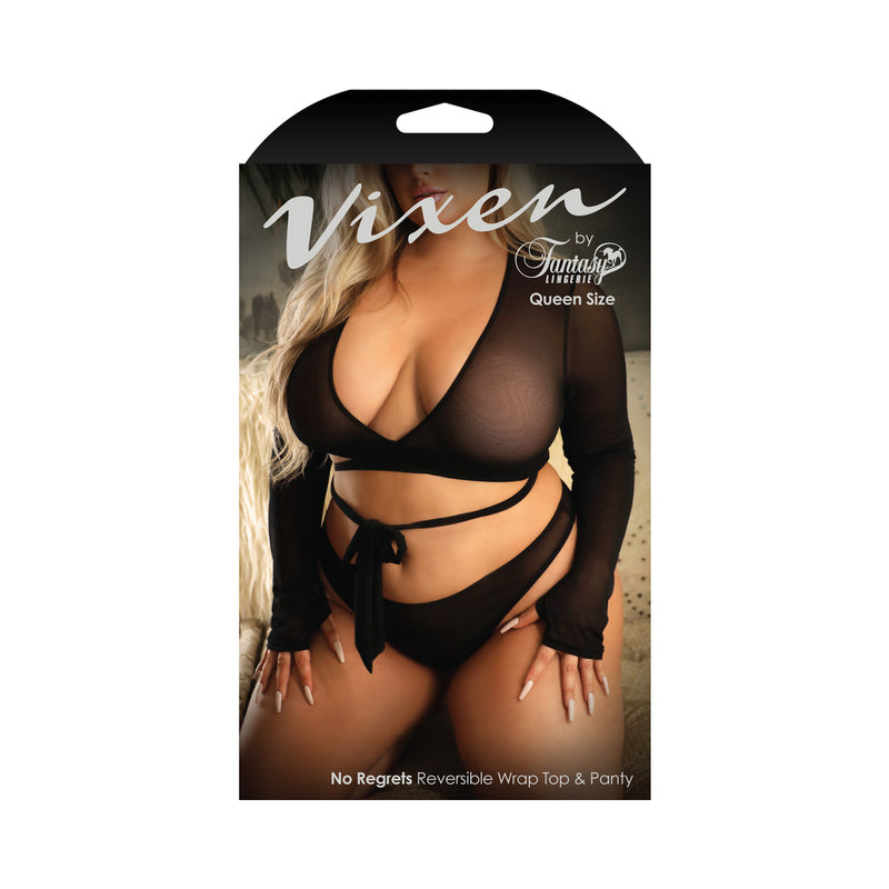 Fantasy Lingerie Vixen No Regrets Reversible Longsleeve Wrap Top & Thong Panty Black Queen Size