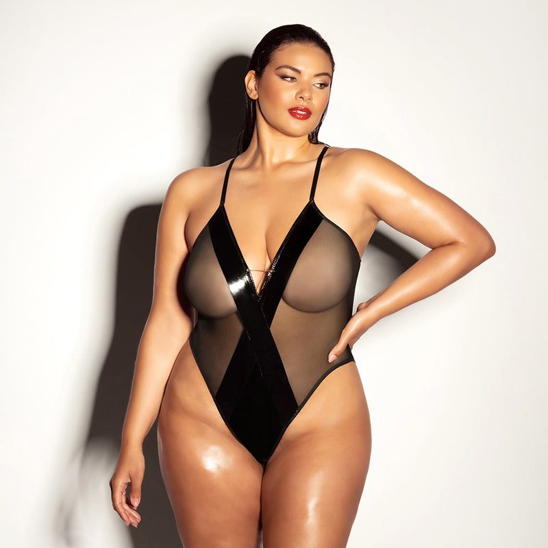 Oh La La Cheri Finesse Soft Cup Open Back Vinyl and Mesh Teddy 1XL/2XL