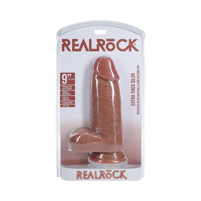 RealRock Extra Thick 9 in. Dildo with Balls Tan