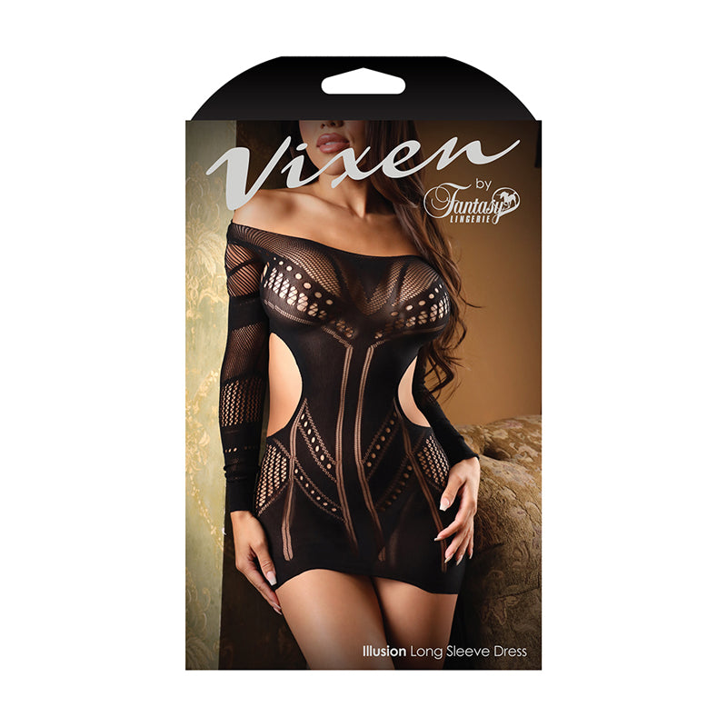 Fantasy Lingerie Vixen Illusion Longsleeve Seamless Dress Black O/S